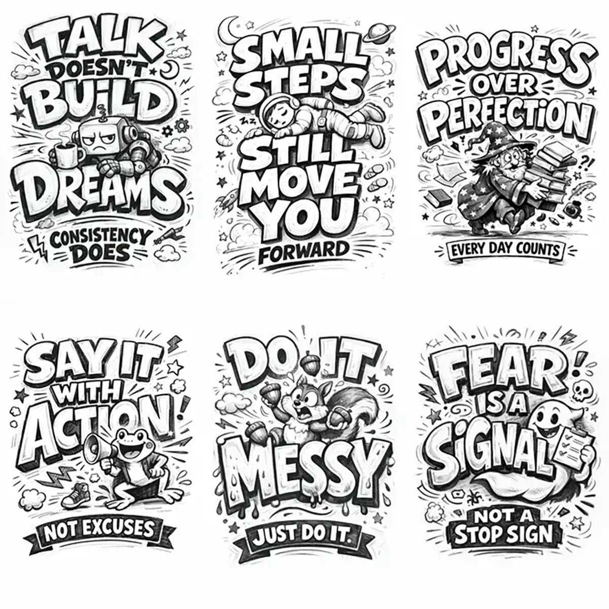 Six Whimsical handdrawn typography posters featuring bold hand-lettered quotes with playful illustrated characters interacting with the text in an ink sketch style