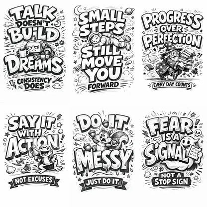 Six Whimsical handdrawn typography posters featuring bold hand-lettered quotes with playful illustrated characters interacting with the text in an ink sketch style