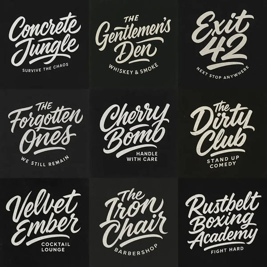 Example output from the White Bold Brush Script Logos ChatGPT prompt: bold hand-lettered brush script logos on black slate backgrounds, featuring chalk texture, expressive typography, and balanced brand layouts for businesses and creative projects.