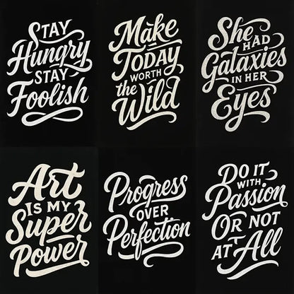 Example output from the White Hand Lettering Typography Art ChatGPT prompt: bold white-on-black hand-lettered quotes with chalk texture, brush script style, and stacked portrait layouts—ideal for posters, merchandise, and digital branding.