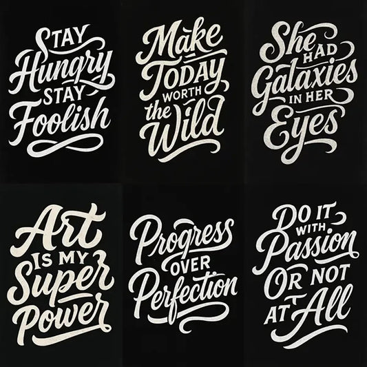 Example output from the White Hand Lettering Typography Art ChatGPT prompt: bold white-on-black hand-lettered quotes with chalk texture, brush script style, and stacked portrait layouts—ideal for posters, merchandise, and digital branding.