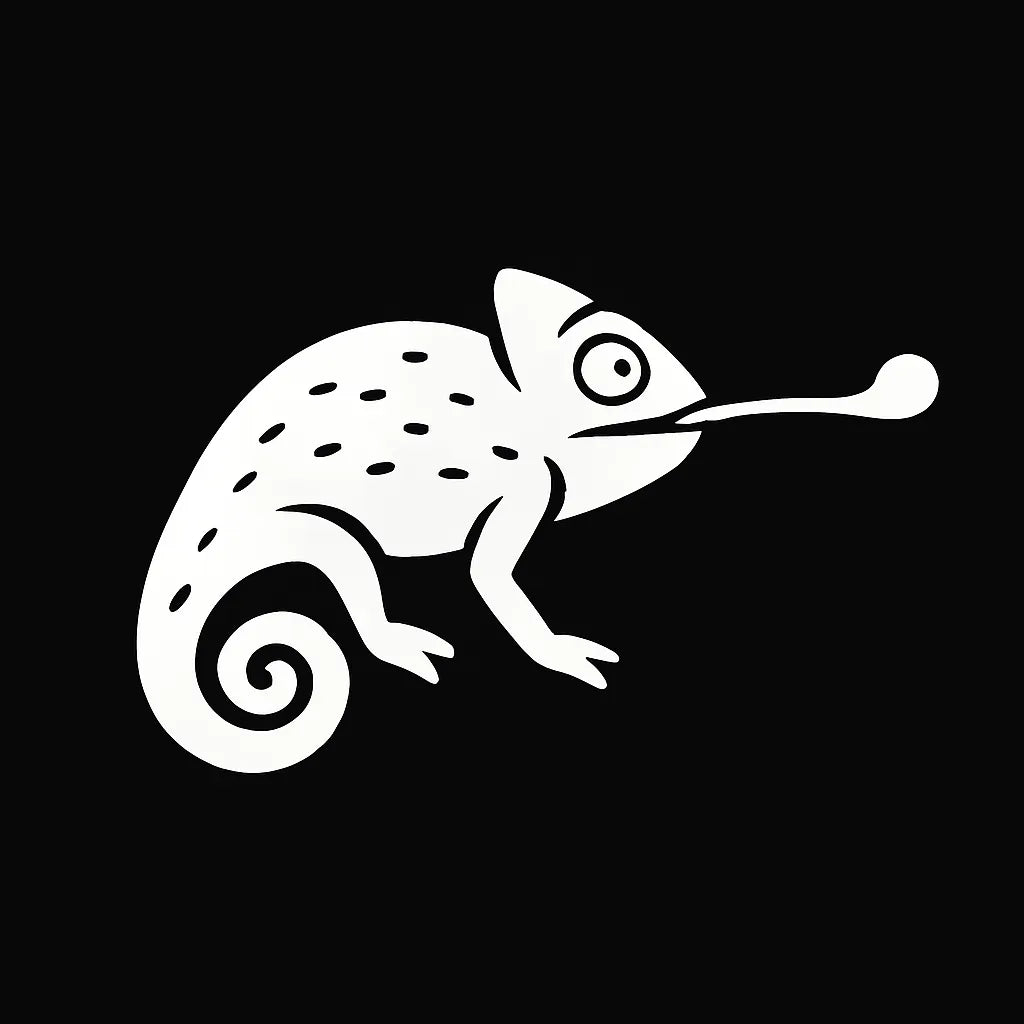Example output from the White On Black Creature Silhouettes ChatGPT prompt: stylized white animal and fantasy silhouettes. Chameleon.
