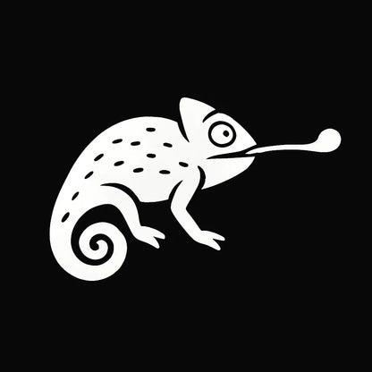 Example output from the White On Black Creature Silhouettes ChatGPT prompt: stylized white animal and fantasy silhouettes. Chameleon.