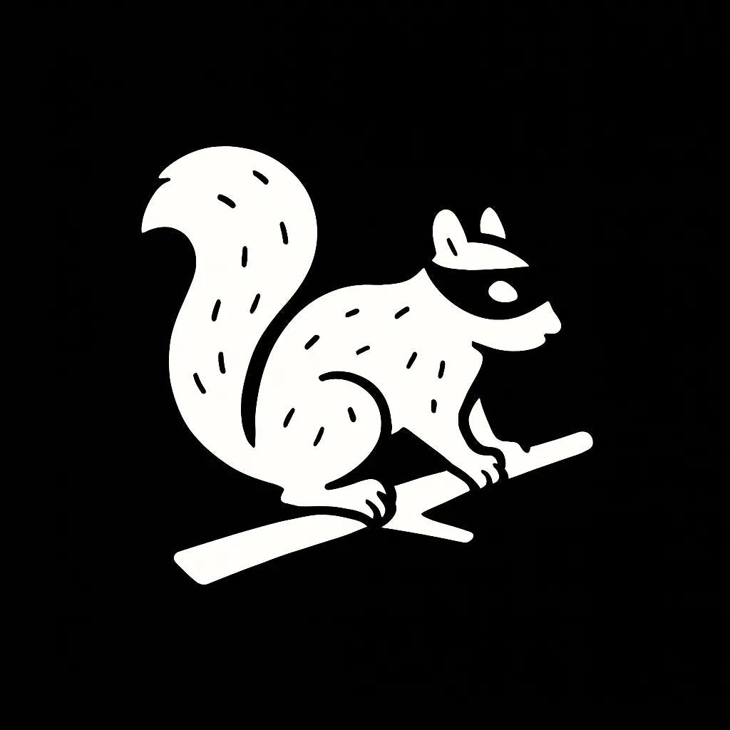 Example output from the White On Black Creature Silhouettes ChatGPT prompt: stylized white animal and fantasy silhouettes. Squirrel.