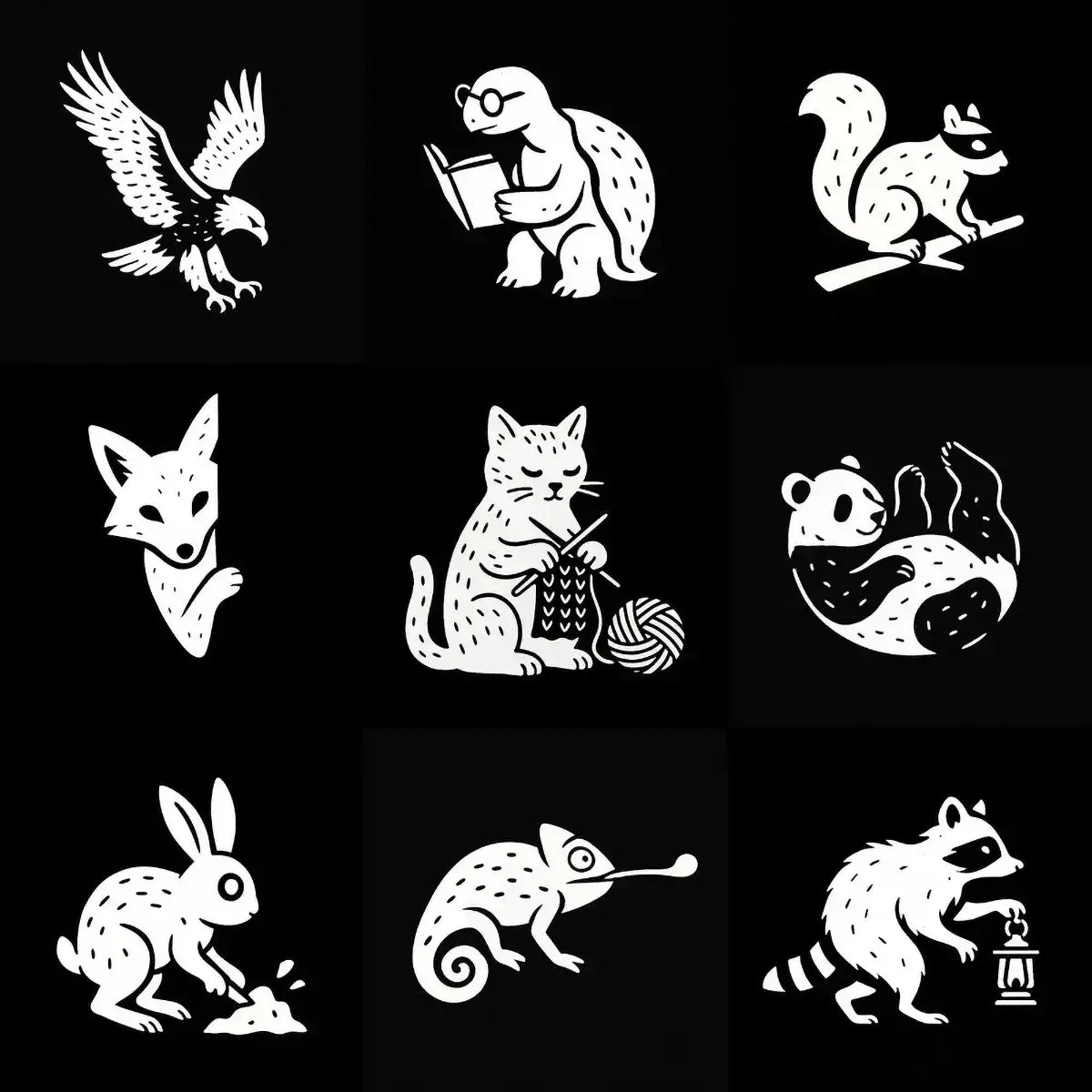 Example output from the White On Black Creature Silhouettes ChatGPT prompt: stylized white animal and fantasy silhouettes on a black square grid, with hand-drawn textures ideal for tattoos, logos, and screenprint designs.
