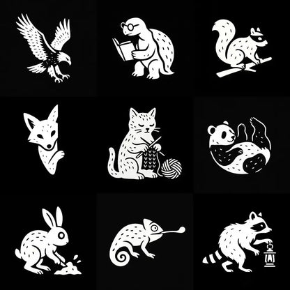 Example output from the White On Black Creature Silhouettes ChatGPT prompt: stylized white animal and fantasy silhouettes on a black square grid, with hand-drawn textures ideal for tattoos, logos, and screenprint designs.