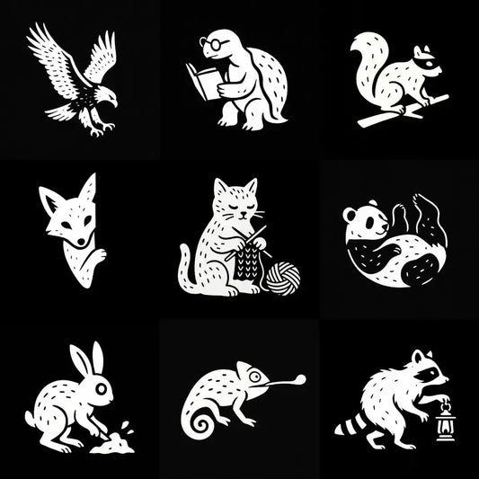 Example output from the White On Black Creature Silhouettes ChatGPT prompt: stylized white animal and fantasy silhouettes on a black square grid, with hand-drawn textures ideal for tattoos, logos, and screenprint designs.
