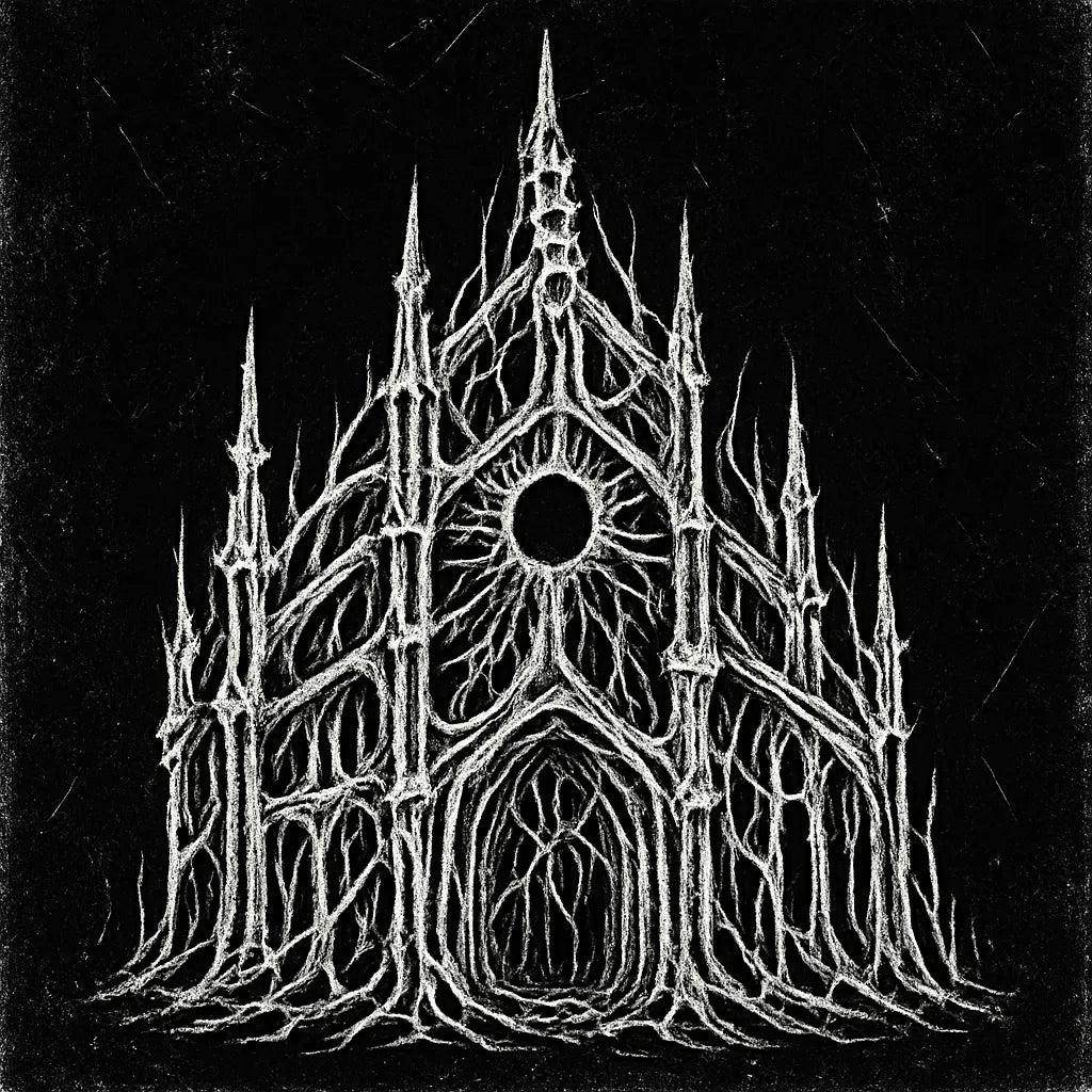 Example output from the White On Black Grunge Art Illustrations ChatGPT prompt: distressed gothic illustration, Cathedral of Veins
