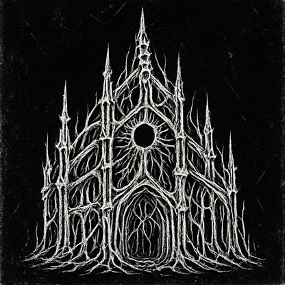 Example output from the White On Black Grunge Art Illustrations ChatGPT prompt: distressed gothic illustration, Cathedral of Veins
