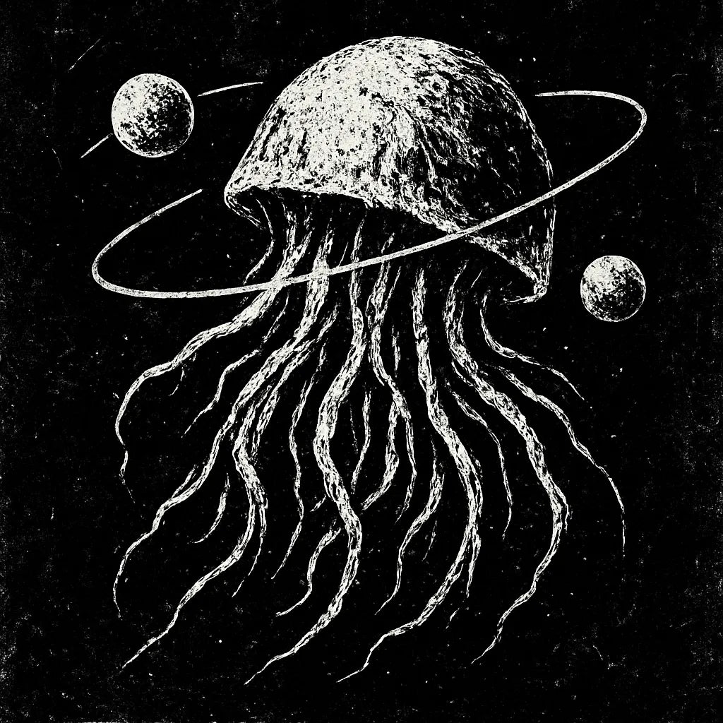 Example output from the White On Black Grunge Art Illustrations ChatGPT prompt: distressed gothic illustration, Celestial Jelly Fish