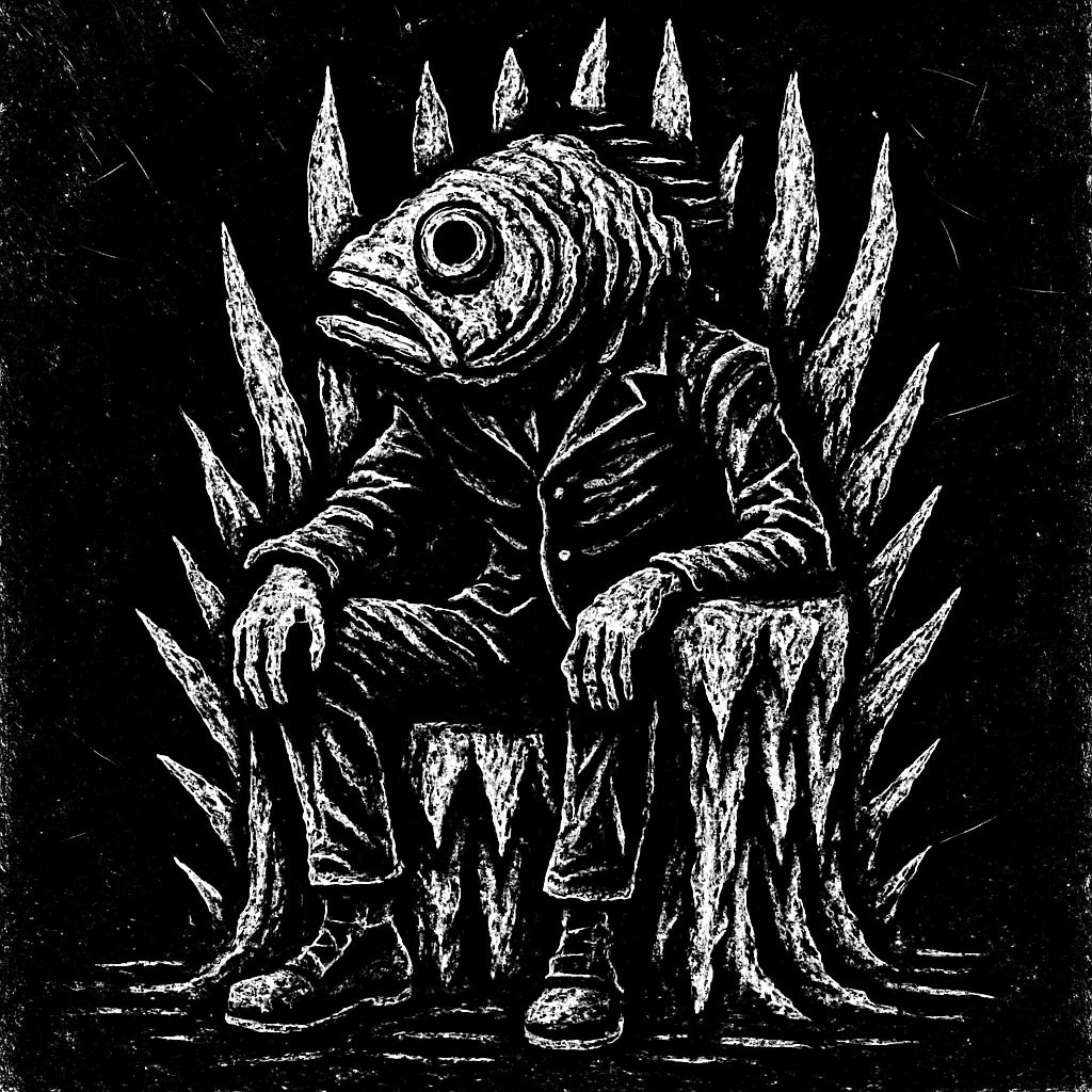 Example output from the White On Black Grunge Art Illustrations ChatGPT prompt: distressed gothic illustration, Fish Throne