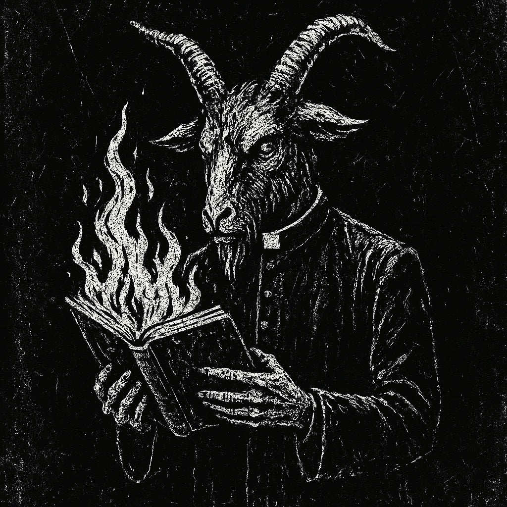 Example output from the White On Black Grunge Art Illustrations ChatGPT prompt: distressed gothic illustration, Goat Headed Priest