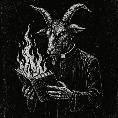 Example output from the White On Black Grunge Art Illustrations ChatGPT prompt: distressed gothic illustration, Goat Headed Priest