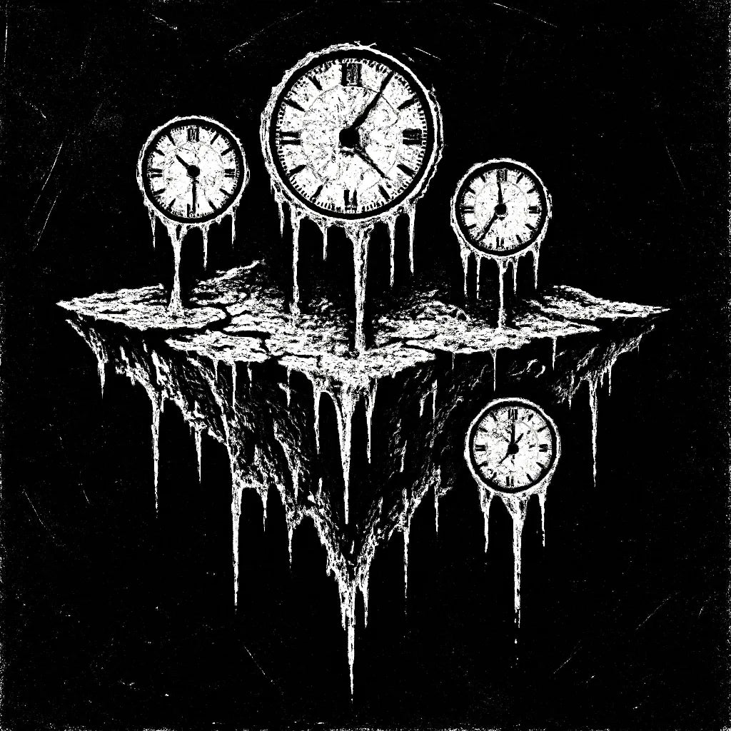 Example output from the White On Black Grunge Art Illustrations ChatGPT prompt: distressed gothic illustration, Island With Clocks