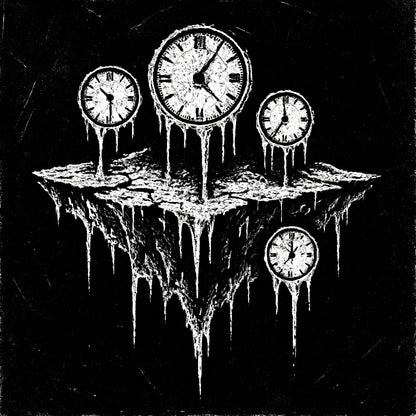 Example output from the White On Black Grunge Art Illustrations ChatGPT prompt: distressed gothic illustration, Island With Clocks