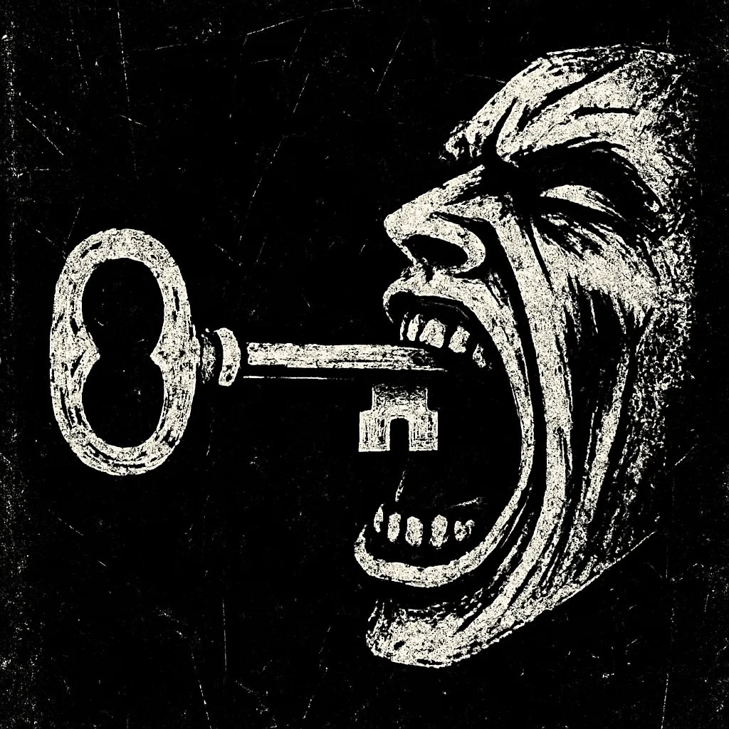 Example output from the White On Black Grunge Art Illustrations ChatGPT prompt: distressed gothic illustration, Key on Mouth