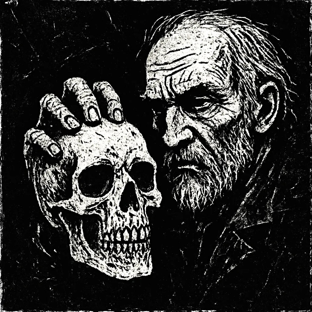 Example output from the White On Black Grunge Art Illustrations ChatGPT prompt: distressed gothic illustration, Old Man Skull