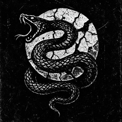 Example output from the White On Black Grunge Art Illustrations ChatGPT prompt: distressed gothic illustration, Serpent Coiled on Moon
