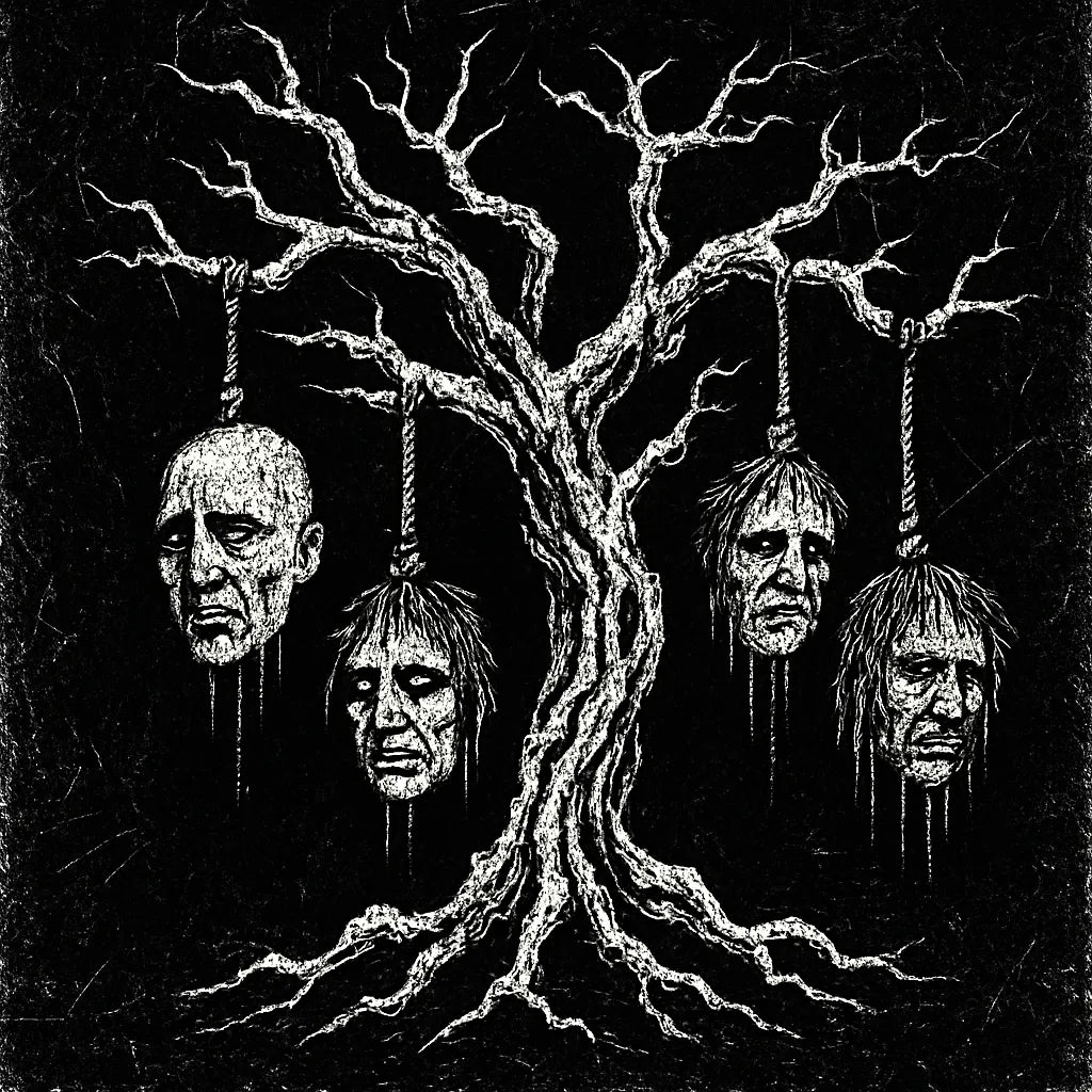 Example output from the White On Black Grunge Art Illustrations ChatGPT prompt: distressed gothic illustration, Tree with Faces