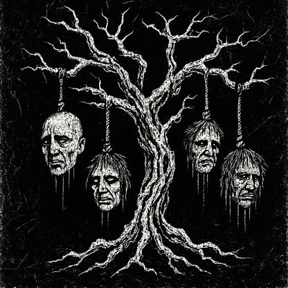 Example output from the White On Black Grunge Art Illustrations ChatGPT prompt: distressed gothic illustration, Tree with Faces
