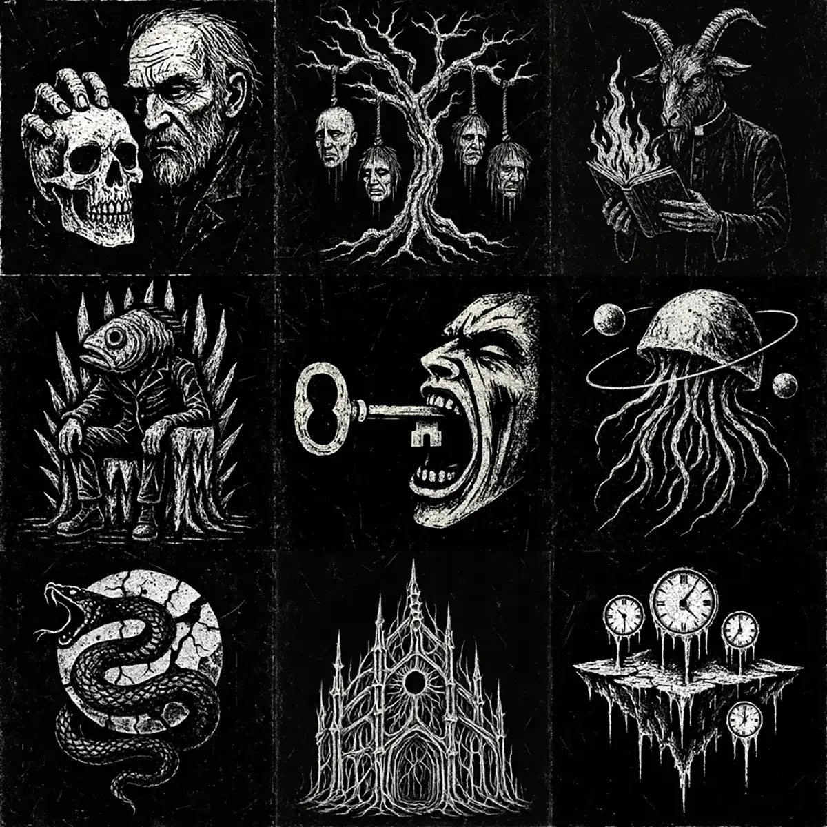 Example output from the White On Black Grunge Art Illustrations ChatGPT prompt: distressed gothic illustrations in white ink on black, featuring skulls, serpents, cathedrals, surreal portraits, and horror-inspired elements.
