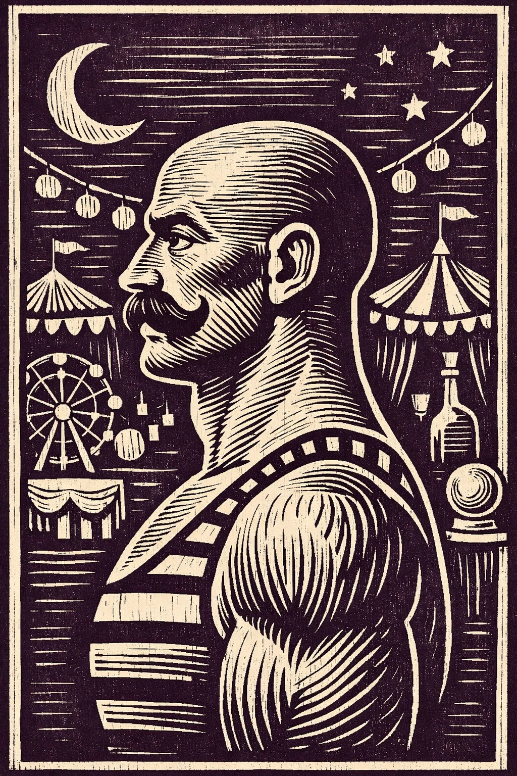 Example output from the Woodcut Character Profile Illustrations ChatGPT prompt: a woodcut profile of a moustached carnival strongman against a fairground at night, printed in purple ink.