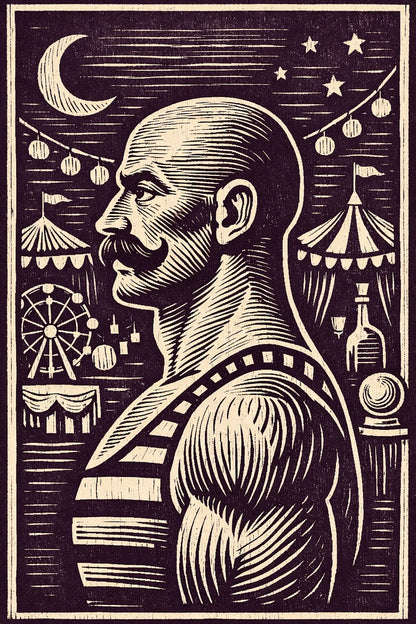 Example output from the Woodcut Character Profile Illustrations ChatGPT prompt: a woodcut profile of a moustached carnival strongman against a fairground at night, printed in purple ink.
