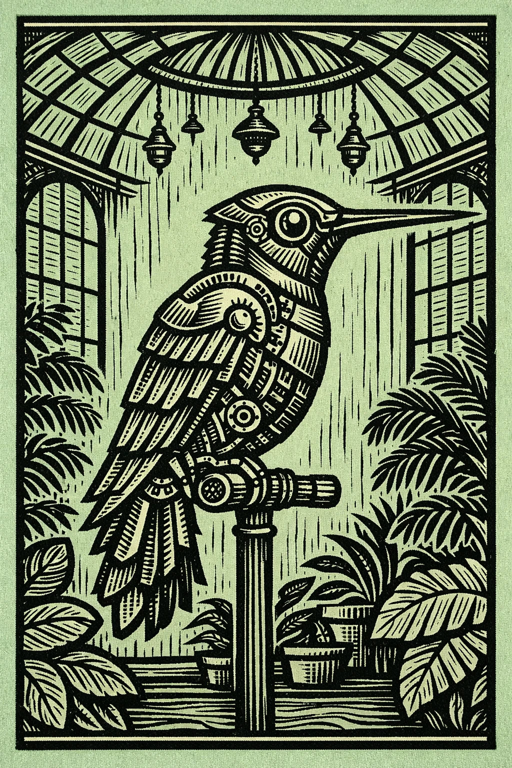Example output from the Woodcut Character Profile Illustrations ChatGPT prompt: a woodcut study of a hummingbird in authentic carved ink linework with folk-art minimalism.