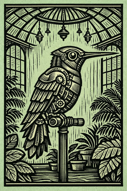 Example output from the Woodcut Character Profile Illustrations ChatGPT prompt: a woodcut study of a hummingbird in authentic carved ink linework with folk-art minimalism.