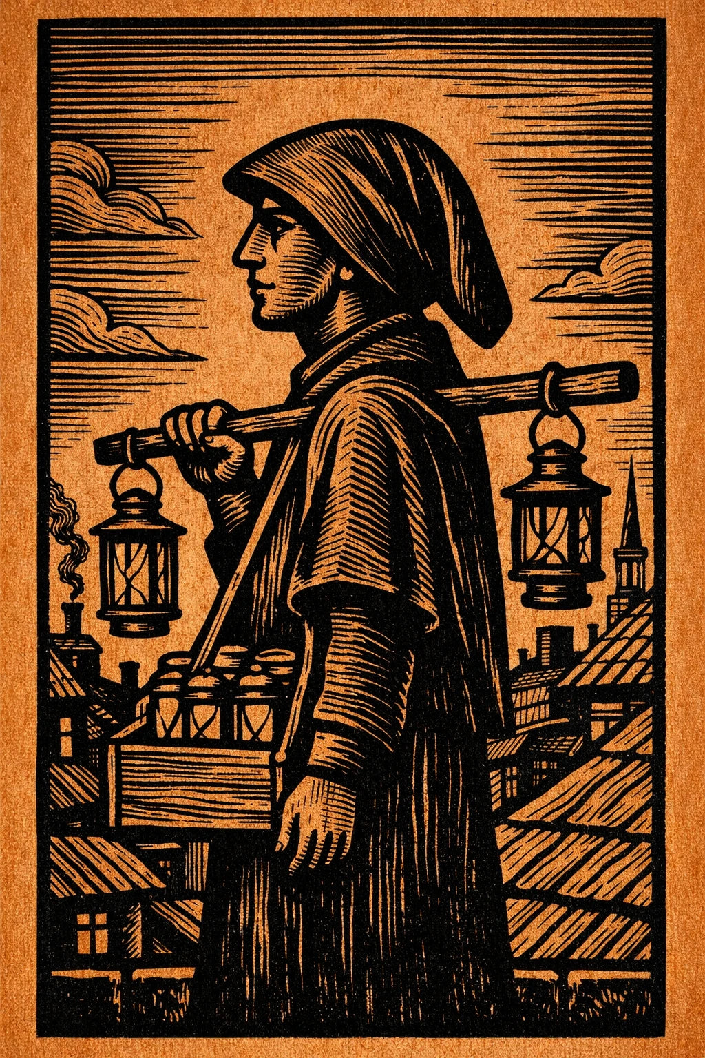 Example output from the Woodcut Character Profile Illustrations ChatGPT prompt: a woodcut profile of a lantern seller carrying a pole of lanterns over rooftops, printed in orange ink.