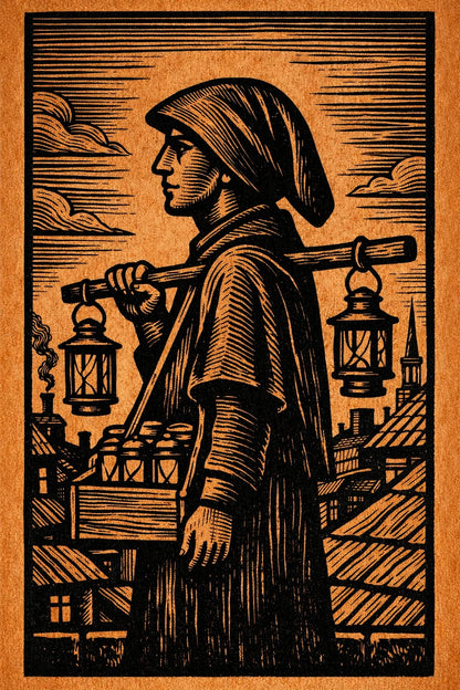 Example output from the Woodcut Character Profile Illustrations ChatGPT prompt: a woodcut profile of a lantern seller carrying a pole of lanterns over rooftops, printed in orange ink.
