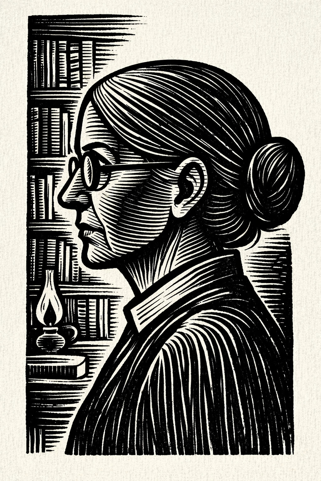 Example output from the Woodcut Character Profile Illustrations ChatGPT prompt: a woodcut profile of a librarian in glasses before a wall of books, printed in black ink on cream.