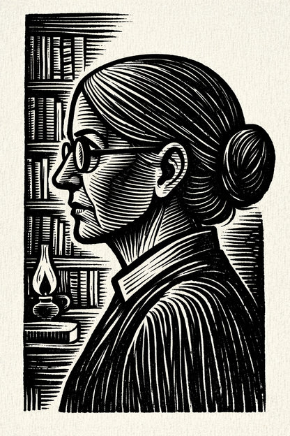 Example output from the Woodcut Character Profile Illustrations ChatGPT prompt: a woodcut profile of a librarian in glasses before a wall of books, printed in black ink on cream.