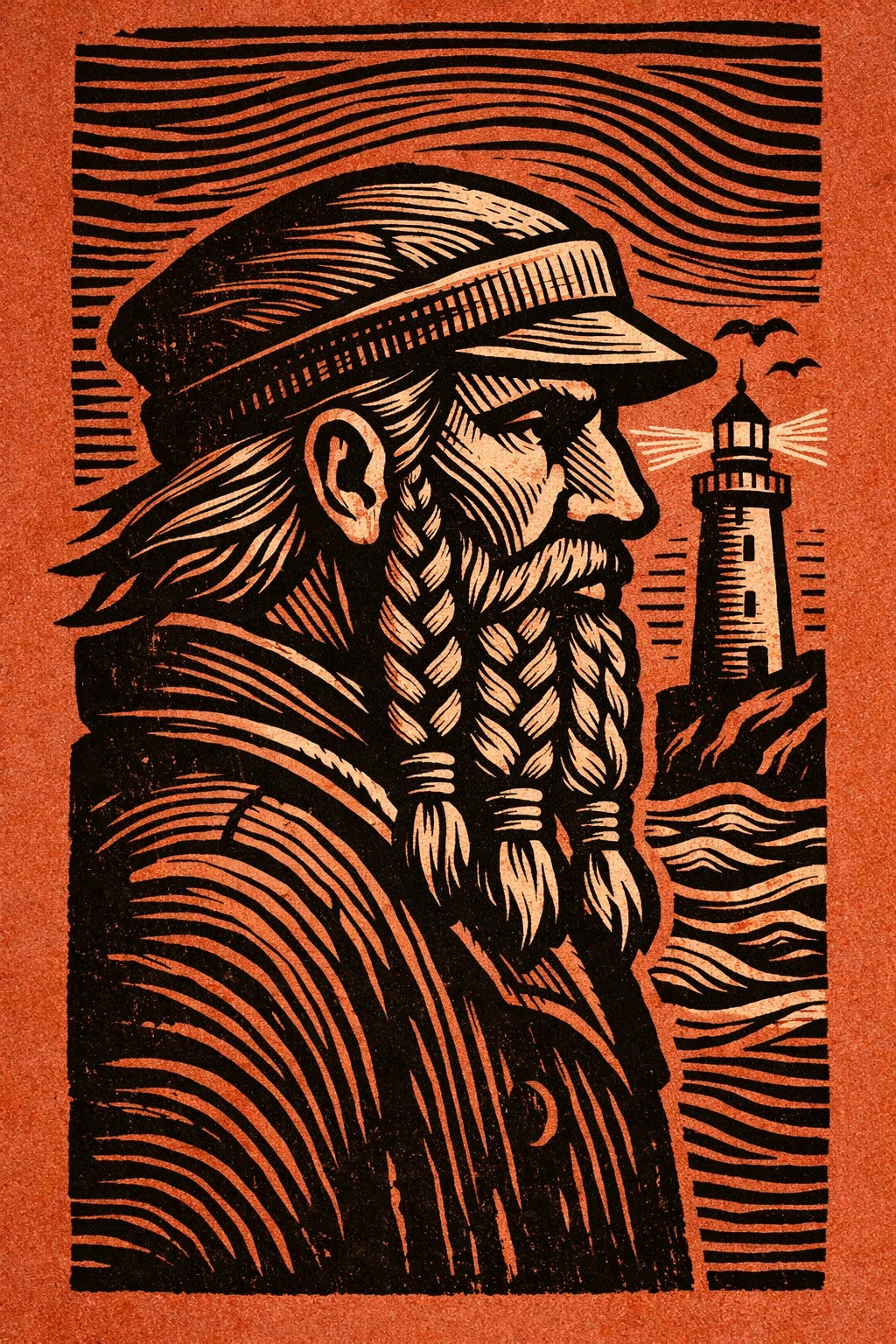 Example output from the Woodcut Character Profile Illustrations ChatGPT prompt: a woodcut profile of a mariner in authentic carved ink linework with folk-art minimalism.