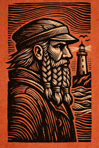 Example output from the Woodcut Character Profile Illustrations ChatGPT prompt: a woodcut profile of a mariner in authentic carved ink linework with folk-art minimalism.