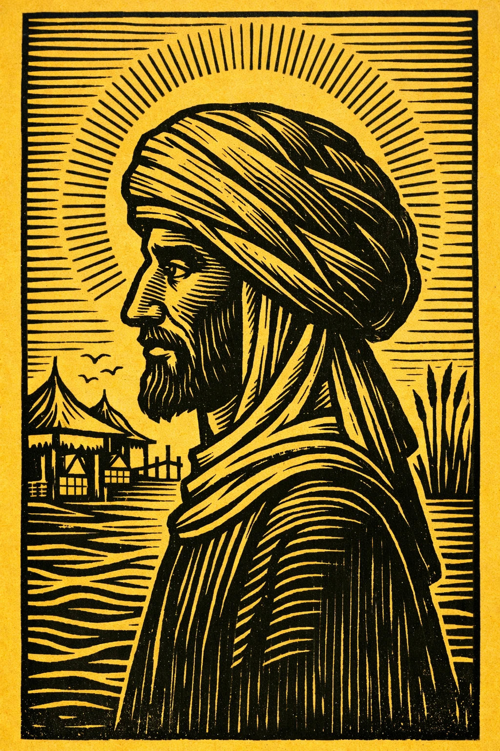 Example output from the Woodcut Character Profile Illustrations ChatGPT prompt: a woodcut profile of a bearded nomad in a turban against a radiating sun, printed in yellow ink.