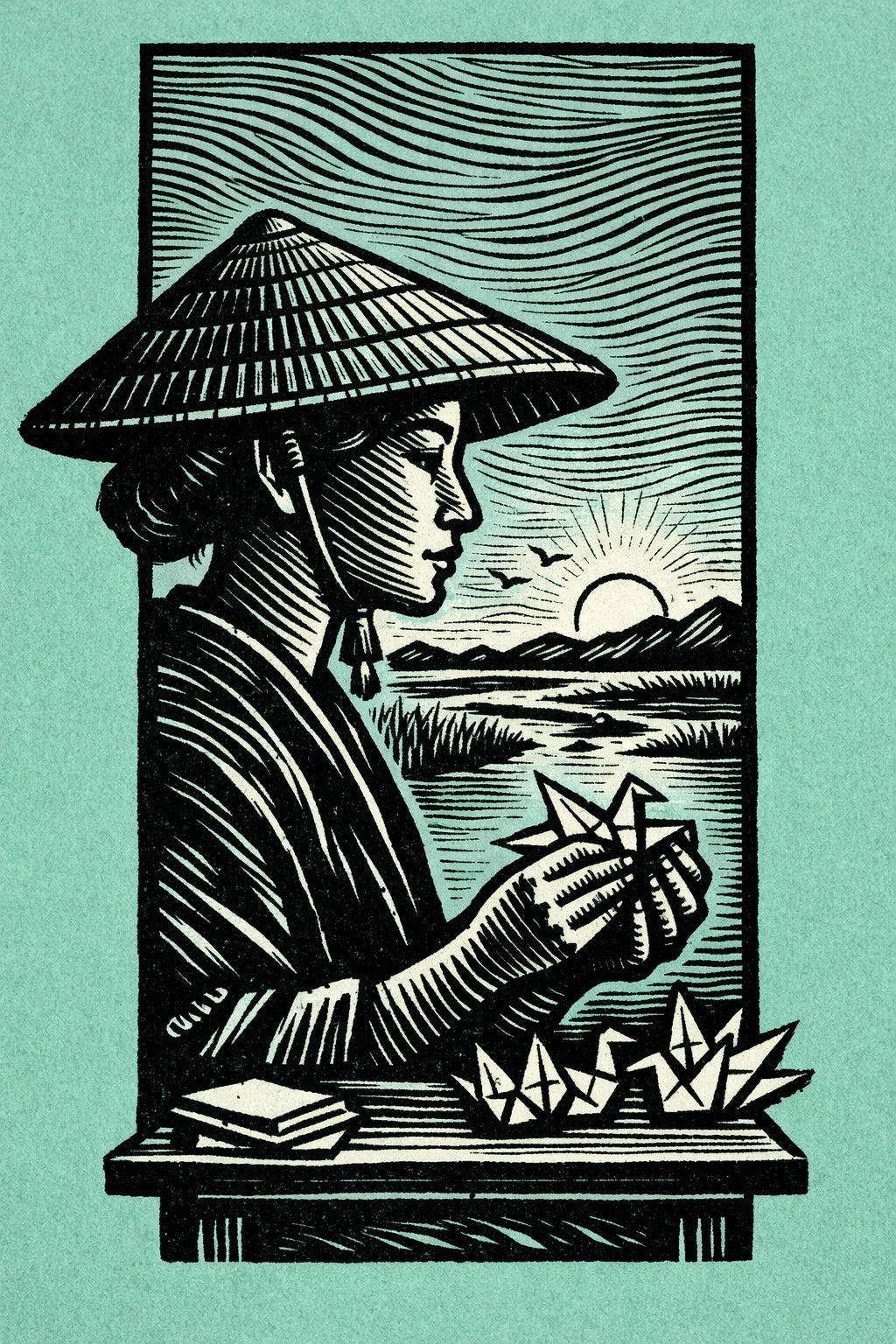 Example output from the Woodcut Character Profile Illustrations ChatGPT prompt: a woodcut profile of a paper crane artisan in a conical hat folding origami, printed in teal ink.