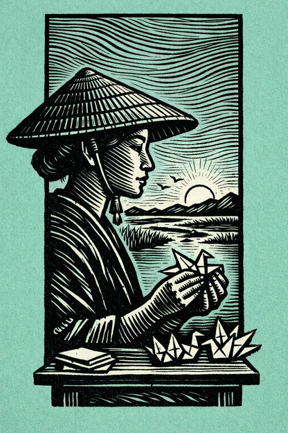 Example output from the Woodcut Character Profile Illustrations ChatGPT prompt: a woodcut profile of a paper crane artisan in a conical hat folding origami, printed in teal ink.