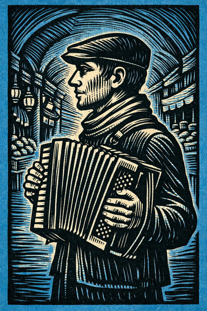 Example output from the Woodcut Character Profile Illustrations ChatGPT prompt: a woodcut profile of a street musician in a flat cap playing an accordion, printed in blue ink.