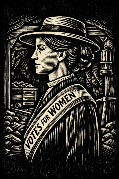 Example output from the Woodcut Character Profile Illustrations ChatGPT prompt: a woodcut profile of a suffragette in authentic carved ink linework with folk-art minimalism.