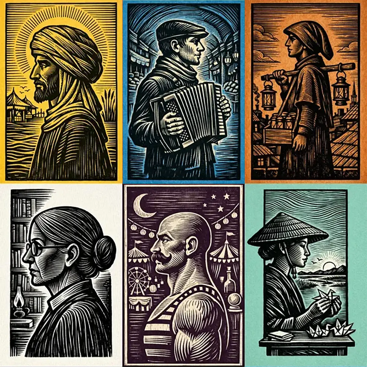 Example output from the Woodcut Character Profile Illustrations ChatGPT prompt: a six-panel grid of woodcut-style profile portraits in single-color inks, showing a nomad, accordion street musician, lantern seller, librarian, carnival strongman and paper crane artisan.