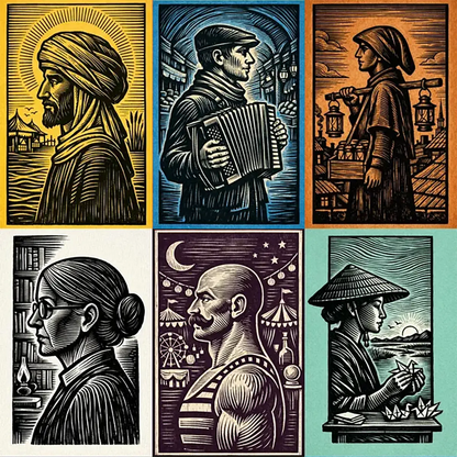 Example output from the Woodcut Character Profile Illustrations ChatGPT prompt: a six-panel grid of woodcut-style profile portraits in single-color inks, showing a nomad, accordion street musician, lantern seller, librarian, carnival strongman and paper crane artisan.
