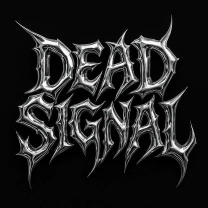 Example output from the Y2K Full Chrome Text Logos ChatGPT prompt: sharp, futuristic logo lettering in silver chrome with deep metallic reflections, black backgrounds, and Y2K-inspired mood styling for high-impact visuals. Dead Signal.