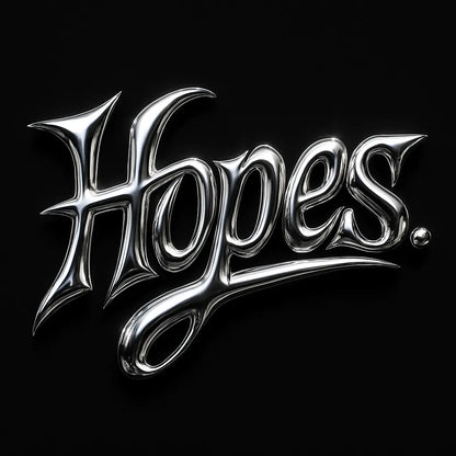 Example output from the Y2K Full Chrome Text Logos ChatGPT prompt: sharp, futuristic logo lettering in silver chrome with deep metallic reflections, black backgrounds, and Y2K-inspired mood styling for high-impact visuals. Hopes.