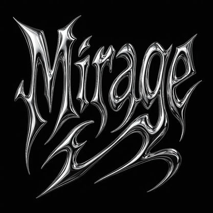 Example output from the Y2K Full Chrome Text Logos ChatGPT prompt: sharp, futuristic logo lettering in silver chrome with deep metallic reflections, black backgrounds, and Y2K-inspired mood styling for high-impact visuals. Mirage.
