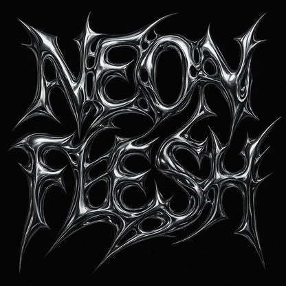 Example output from the Y2K Full Chrome Text Logos ChatGPT prompt: sharp, futuristic logo lettering in silver chrome with deep metallic reflections, black backgrounds, and Y2K-inspired mood styling for high-impact visuals. Neon Flesh.