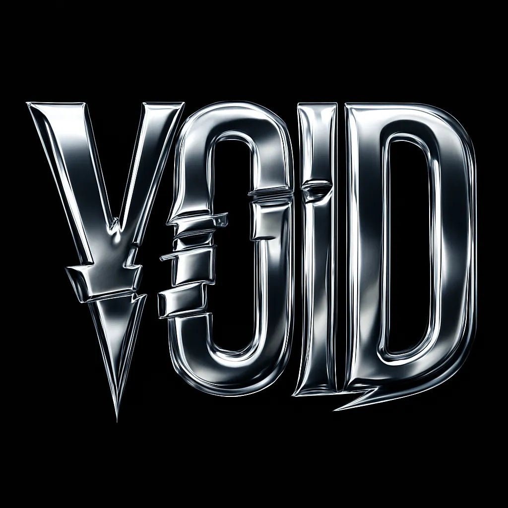 Example output from the Y2K Full Chrome Text Logos ChatGPT prompt: sharp, futuristic logo lettering in silver chrome with deep metallic reflections, black backgrounds, and Y2K-inspired mood styling for high-impact visuals. Void.