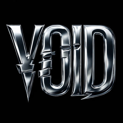 Example output from the Y2K Full Chrome Text Logos ChatGPT prompt: sharp, futuristic logo lettering in silver chrome with deep metallic reflections, black backgrounds, and Y2K-inspired mood styling for high-impact visuals. Void.