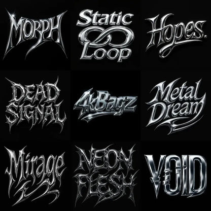 Example output from the Y2K Full Chrome Text Logos ChatGPT prompt: sharp, futuristic logo lettering in silver chrome with deep metallic reflections, black backgrounds, and Y2K-inspired mood styling for high-impact visuals.