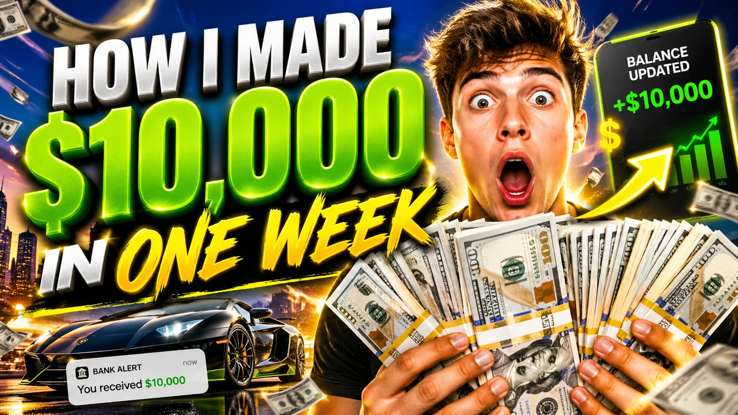 Example output from the YouTube Thumbnail Shock Visuals ChatGPT prompt: a money thumbnail reading How I Made 10,000 Dollars In One Week, with cash fans and a rising chart.